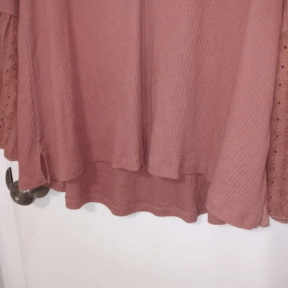 Free People Parisian Nights Dusty rose pink ribbed V Neck Bell Sleeve Blouse